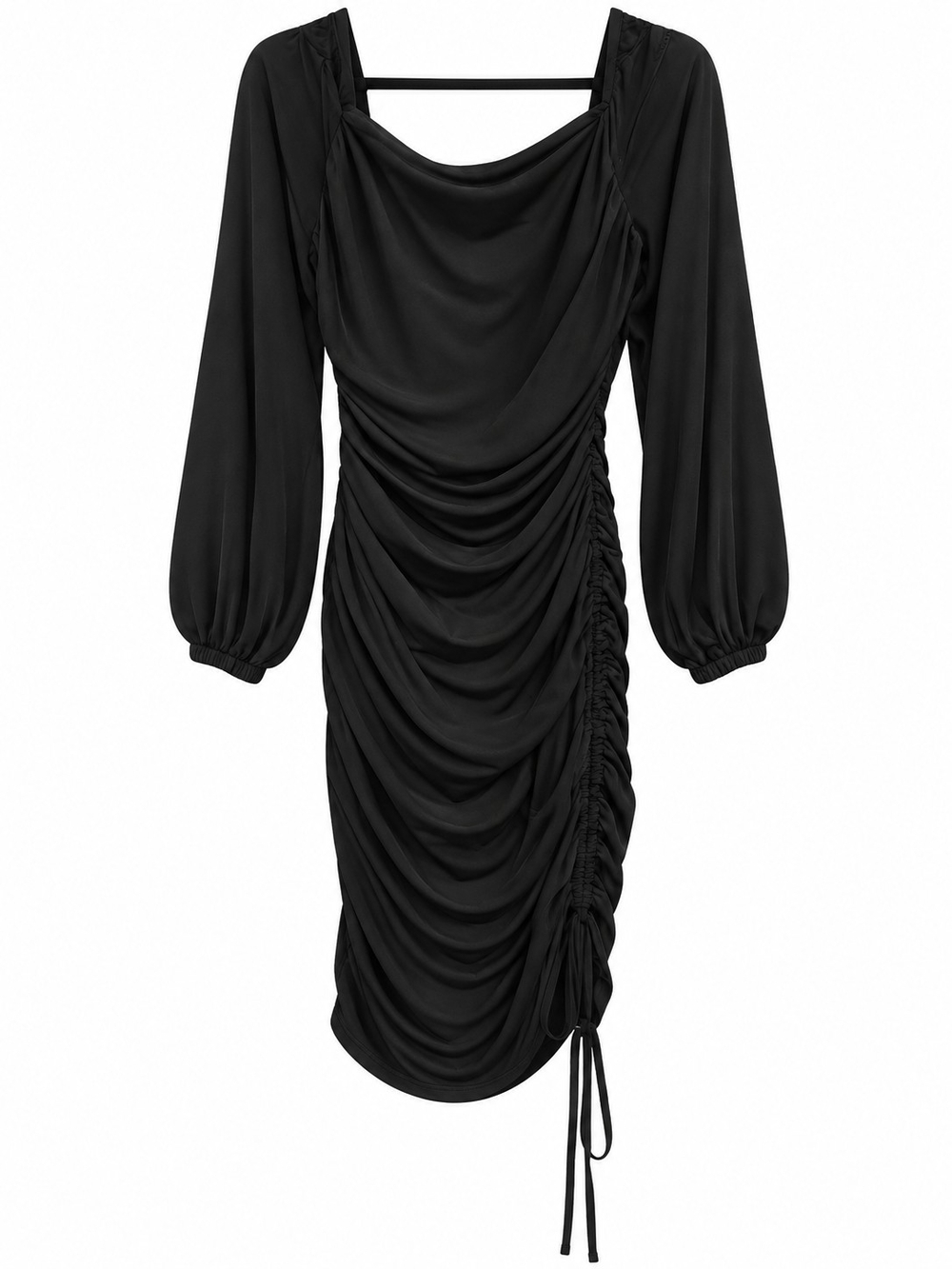 Black Ruched Long-Sleeve Dress